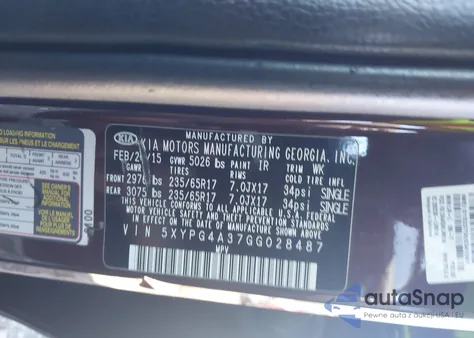 2016 Kia Sorento 2.4L Lx из США, поврежденный, VIN 5XYPG4A37GG028487